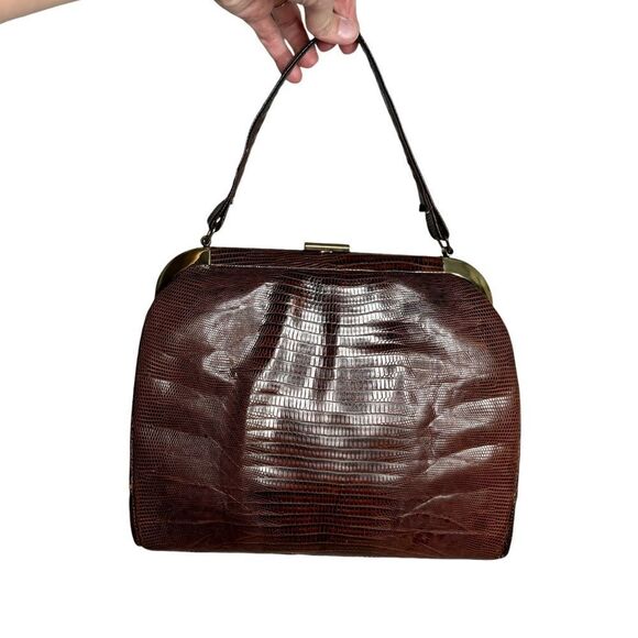 Vintage brown leather snakeskin hinge top frame box bag - Picture 8 of 13